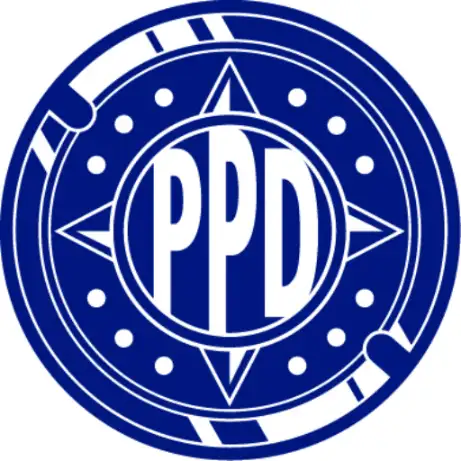 Blue circular logo with "PPD" in the center, surrounded by a compass design and small dots.